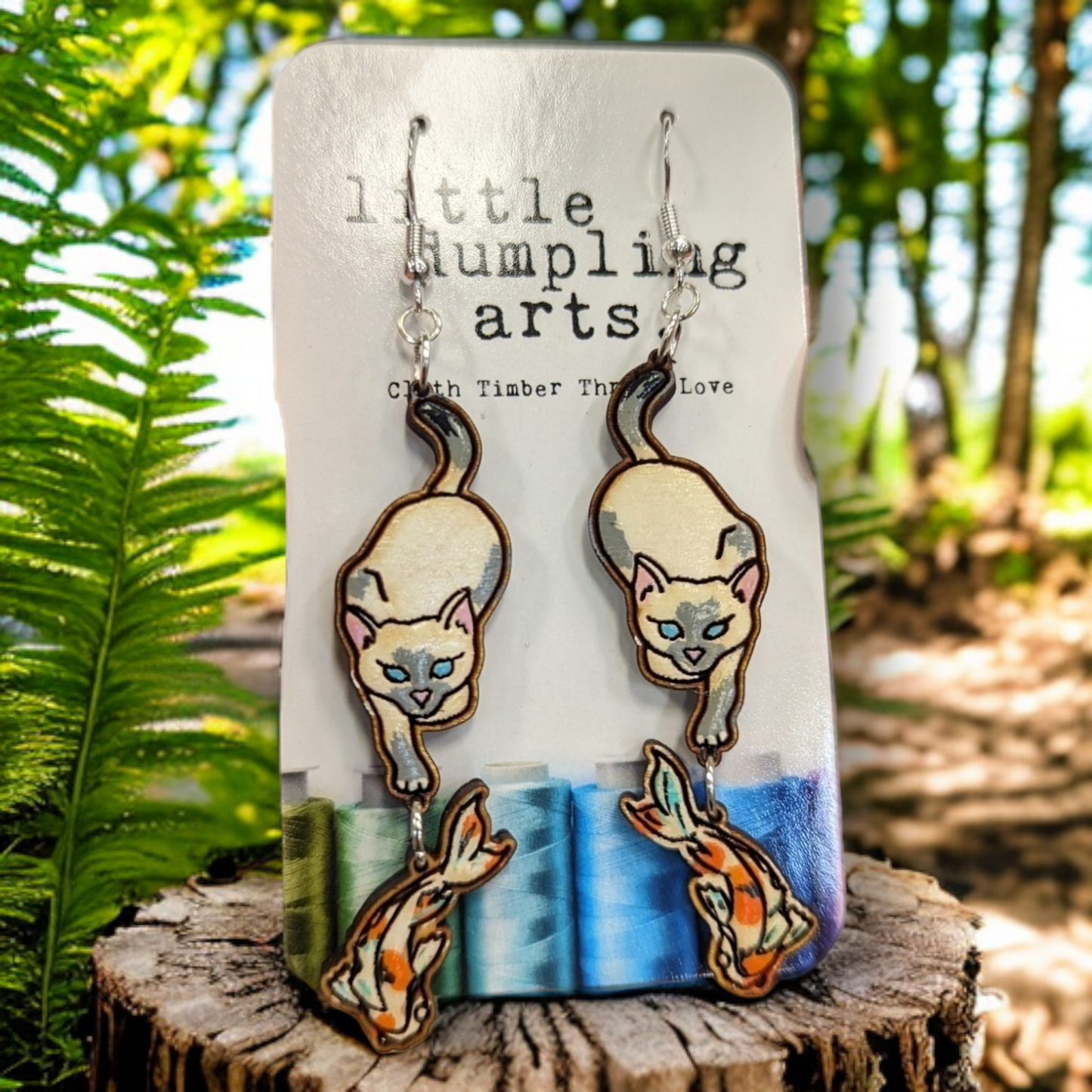 Fishing cat jointed earrings. Sterling silver hardware