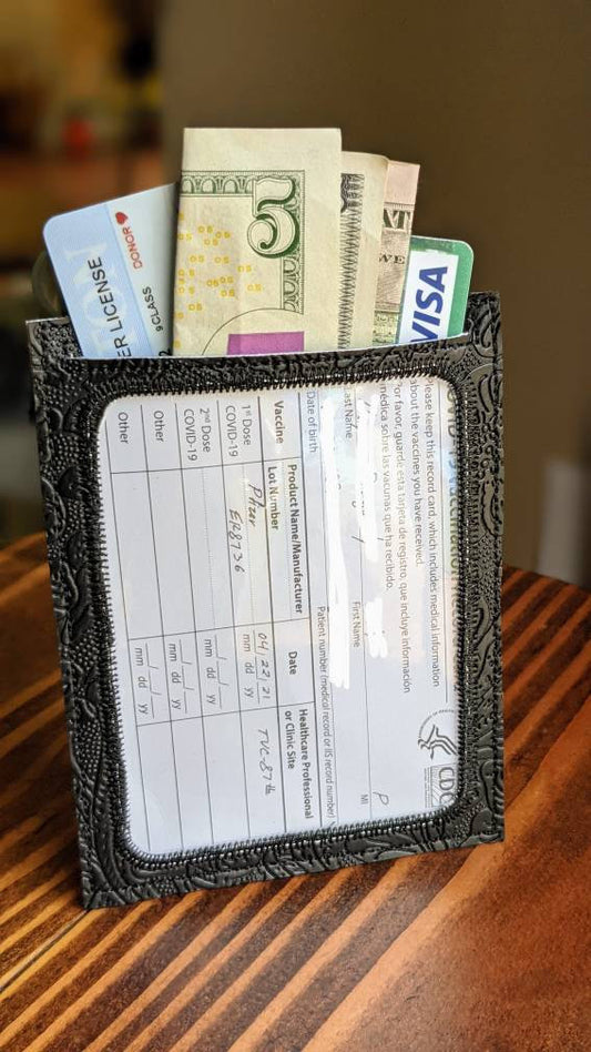 SECONDS MYSTERY LISTING!!! Flawed!!! vaccination card protector,space for valuables. Easily Attach to purse, bag, backback Vinyl, cork