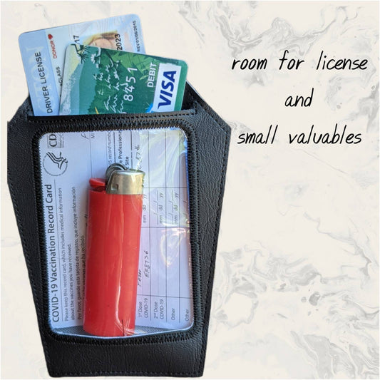 Cute Coffin plague doc vaccination card protector. Space for valuebles. Attach to purse, bag, backback or beltloops Vinyl, vegan leather