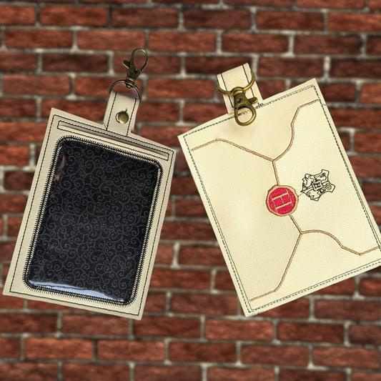 Magic school acceptance letter vaccination card protector. Attach to purse, bag, backback or beltloops Vinyl, cork, leather.