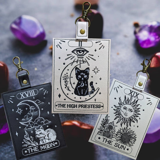 Tarot card vaccine card protector. Attach to purse, bag, backpack or beltloops- Vinyl, vegan leather.