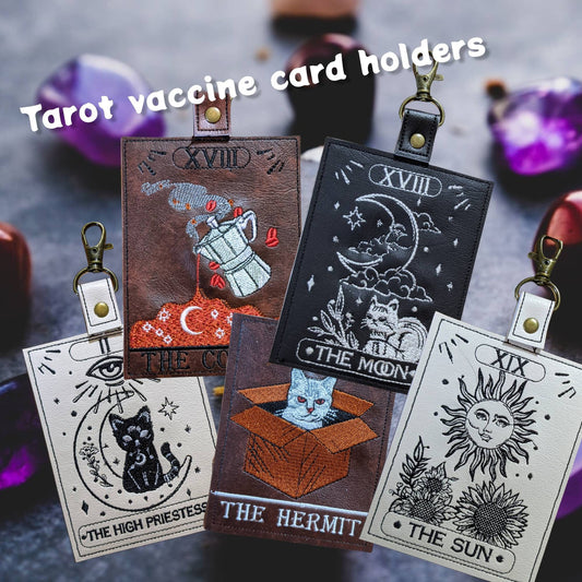Tarot card vaccine card protector. Attach to purse, bag, backpack or beltloops- Vinyl, vegan leather.