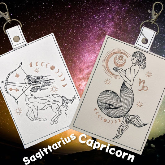 Celestial zodiac vaccination card protector. Attach to purse, bag, backback or beltloops Vinyl, cork, leather.