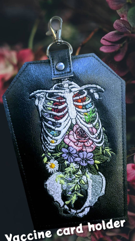 Floral Rib Coffin vaccination card protector. Space for valuebles. Attach to purse, bag, backback or beltloops Vinyl, vegan leather