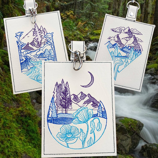Purple Mountains Majesty Vaccine card protector. Attach to purse, bag, backpack lanyard or beltloops Vinyl, vegan leather. Luggage tags