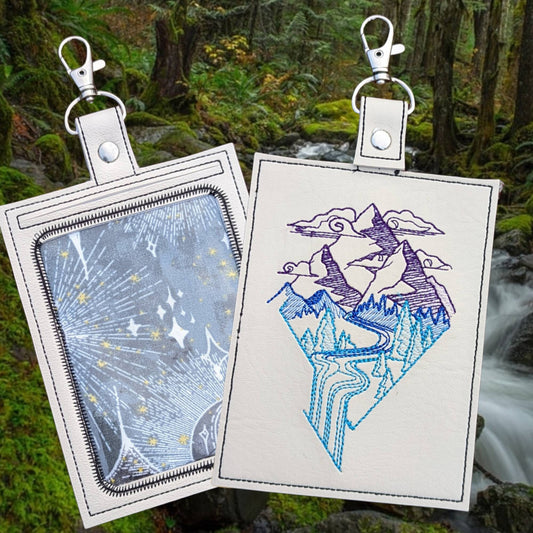 Purple Mountains Majesty Vaccine card protector. Attach to purse, bag, backpack lanyard or beltloops Vinyl, vegan leather. Luggage tags
