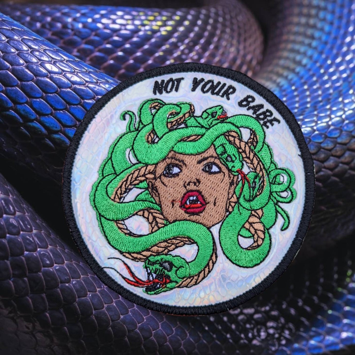 Not your babe Medusa patch on snakeskin vinyl. sewn on 6 inches