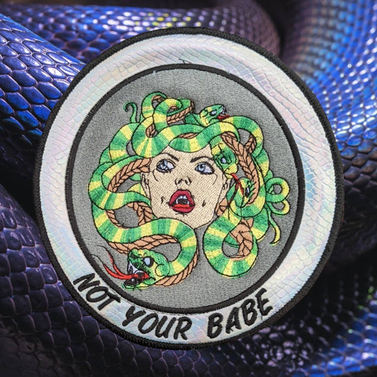 Not your babe Medusa patch on snakeskin vinyl. sewn on 6 inches