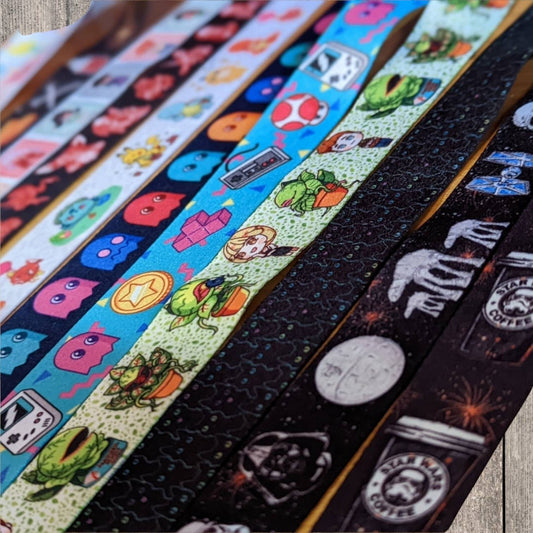 Printed keyfob wristlets and lanyards, geeky, horror and fun. Custom sized available. Badge holder. Con lanyard