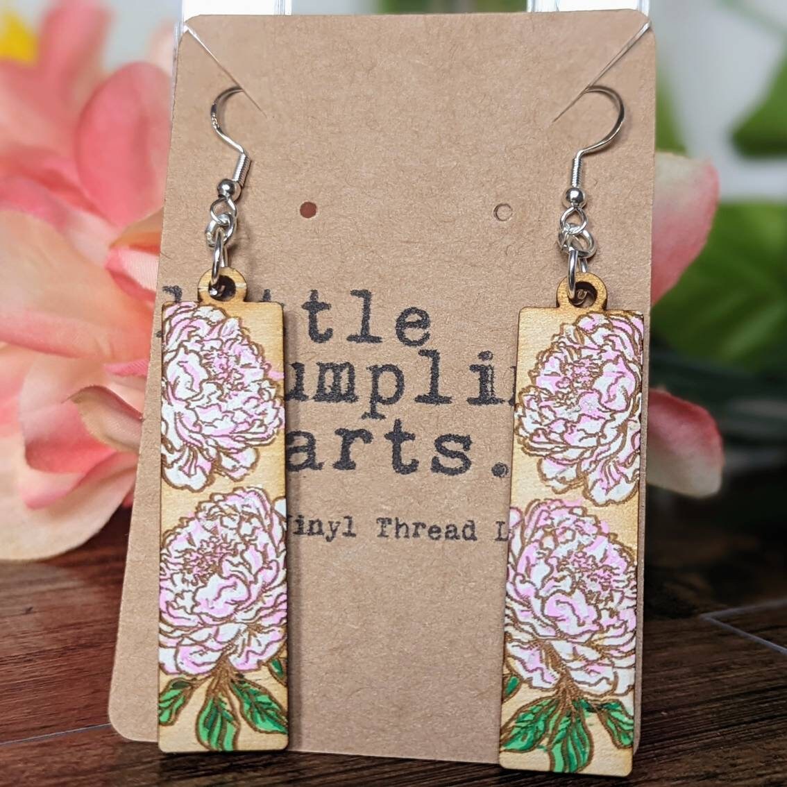 Hand painted peony bat shaped wooden hanger earrings. Mother's day gift spring flowers