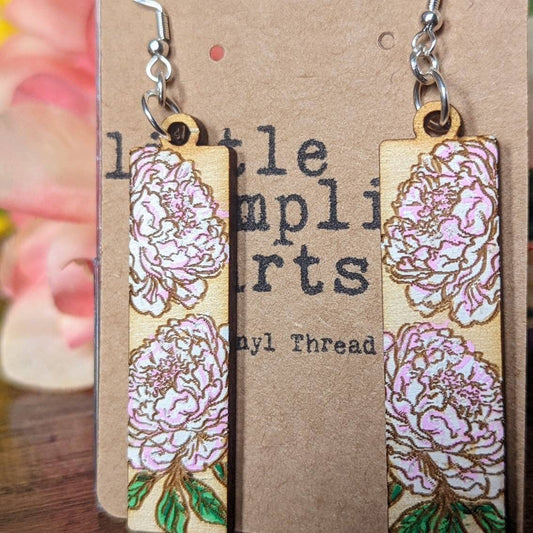Hand painted peony bat shaped wooden hanger earrings. Mother's day gift spring flowers
