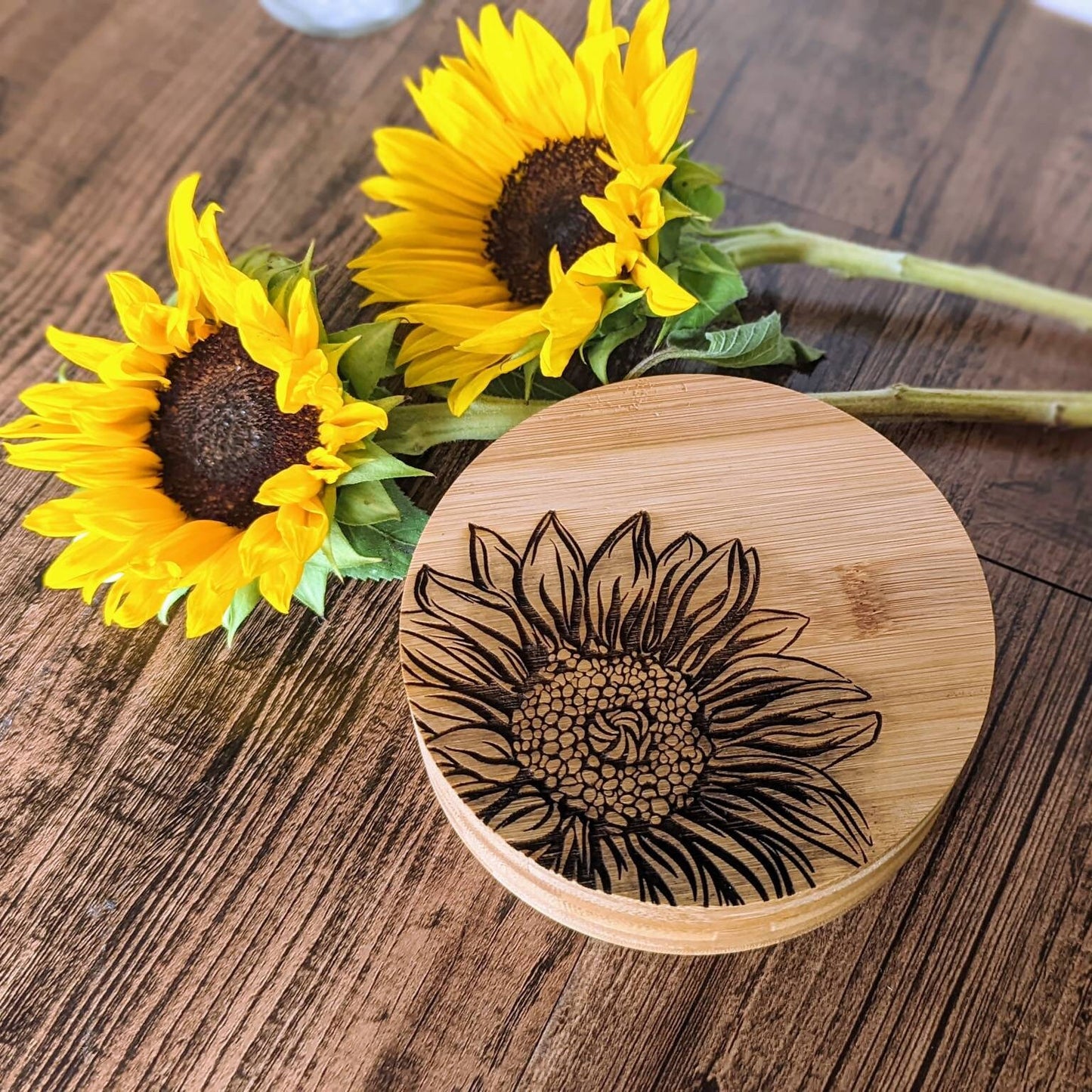 Sunflower laser engraved bamboo salt box. With 2 separate compartments Mother's day gift. Housewarming gift