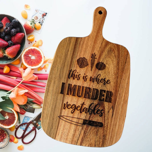 Small I murder veggies Acacia wood cutting board. Vegan vegetarian, funny Gift for mom. Gift for sister. Birthday, housewarming. Funny gift