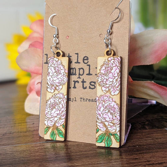 Hand painted peony bat shaped wooden hanger earrings. Mother's day gift spring flowers