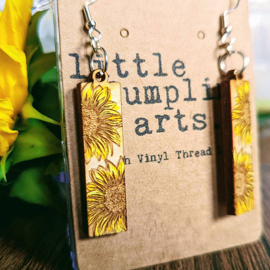 Hand painted sunflower bar shaped wooden hanger earrings. Mother's day gift spring flowers