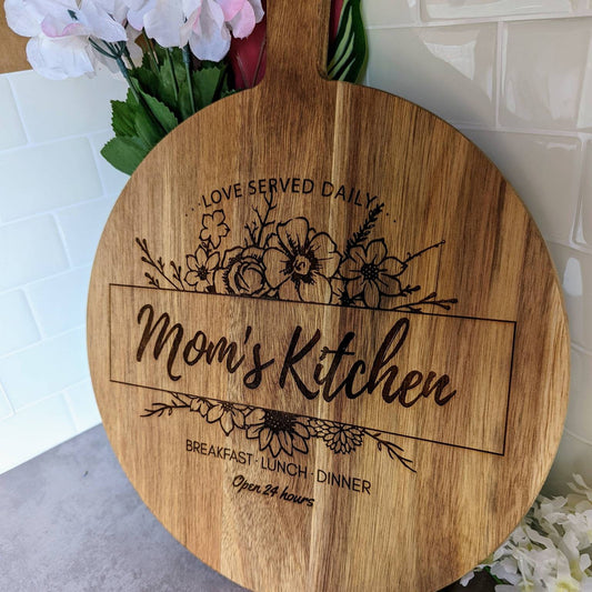 Moms Kitchen large acacia wood laser engraved 12" round cutting board. Gift for mom gift for Grandma mother's day