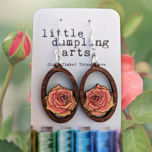 Hand painted rose wooden laser cut drop earrings