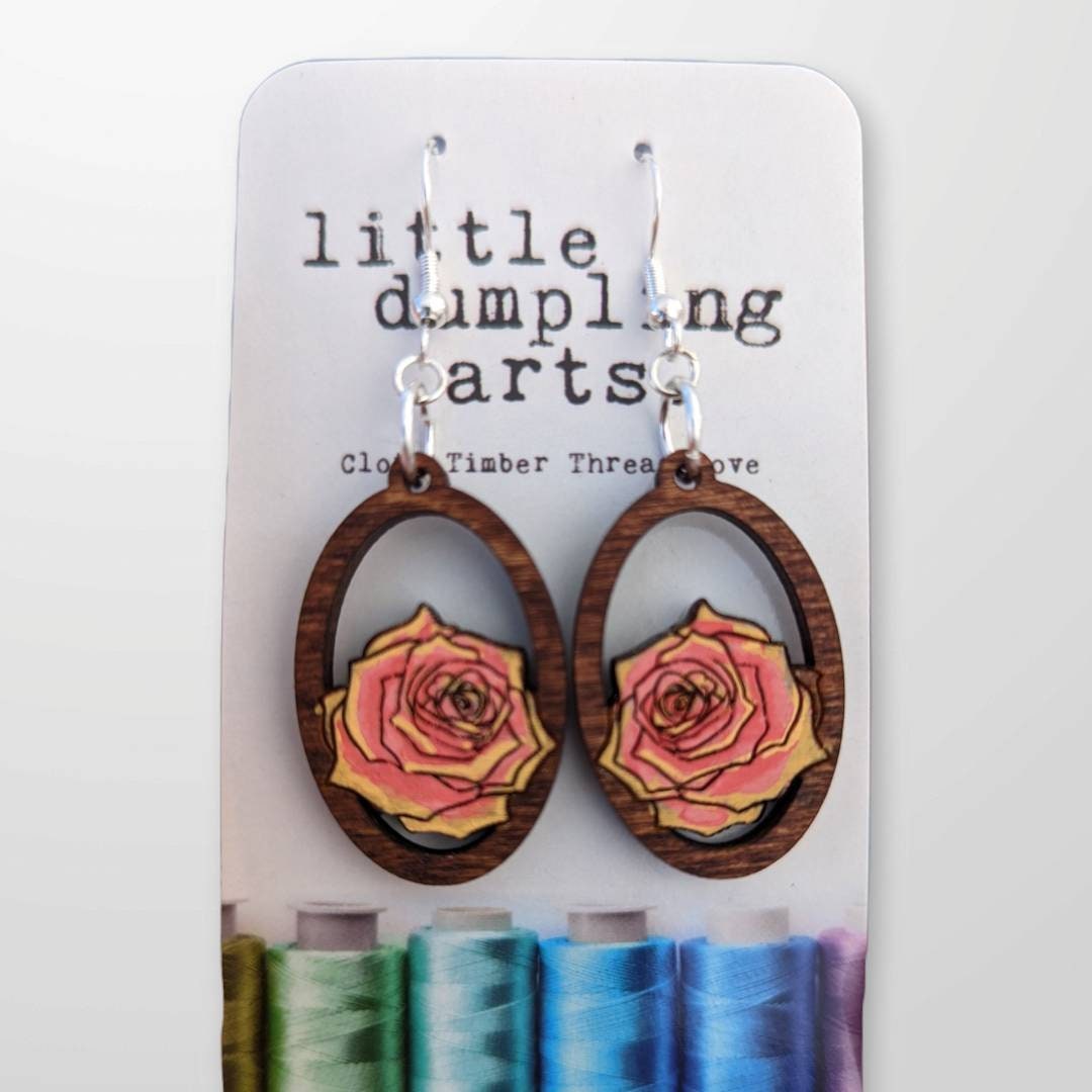 Hand painted rose wooden laser cut drop earrings