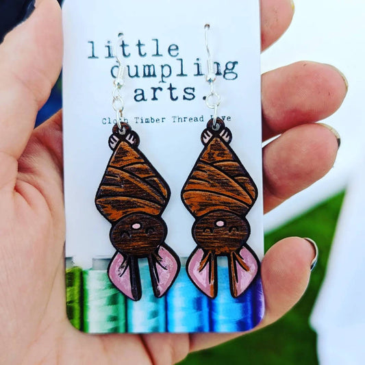 Hand painted Halloween bat earrings laser engraved, sterling silver french hooks