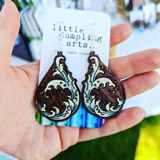 Hand painted waves earrings laser engraved, sterling silver french hooks