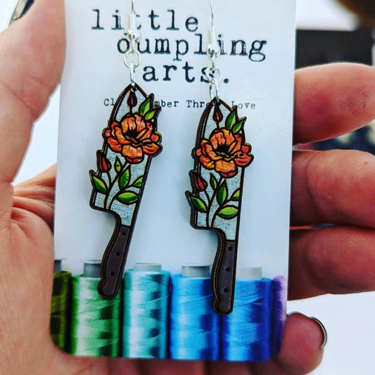 Hand painted floral knives. earrings laser engraved, sterling silver french hooks
