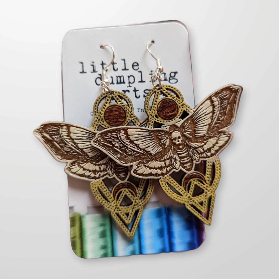hand painted Large Death Moth earrings laser engraved, sterling silver french hooks