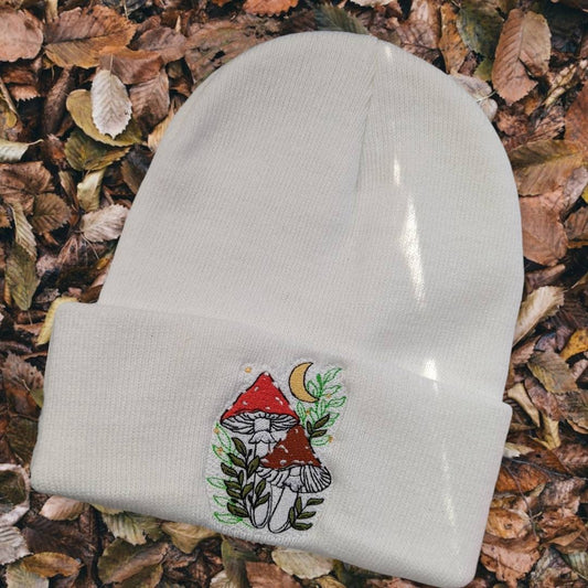 Embroidered mushroom beanie// spooky season beanie//fall fashion//