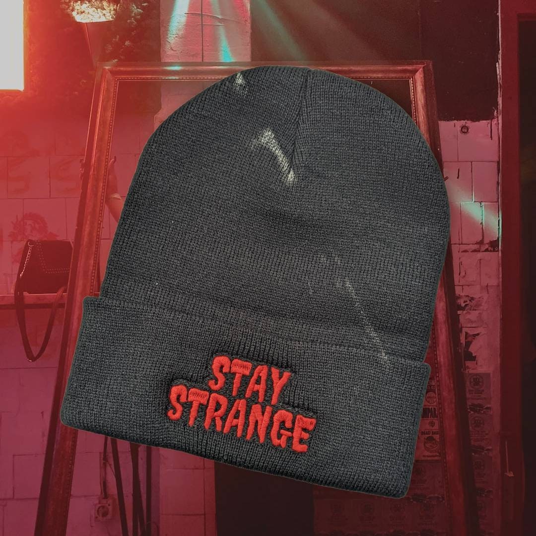Embroidered Stay Strange beanie red text// spooky season beanie//fall fashion//
