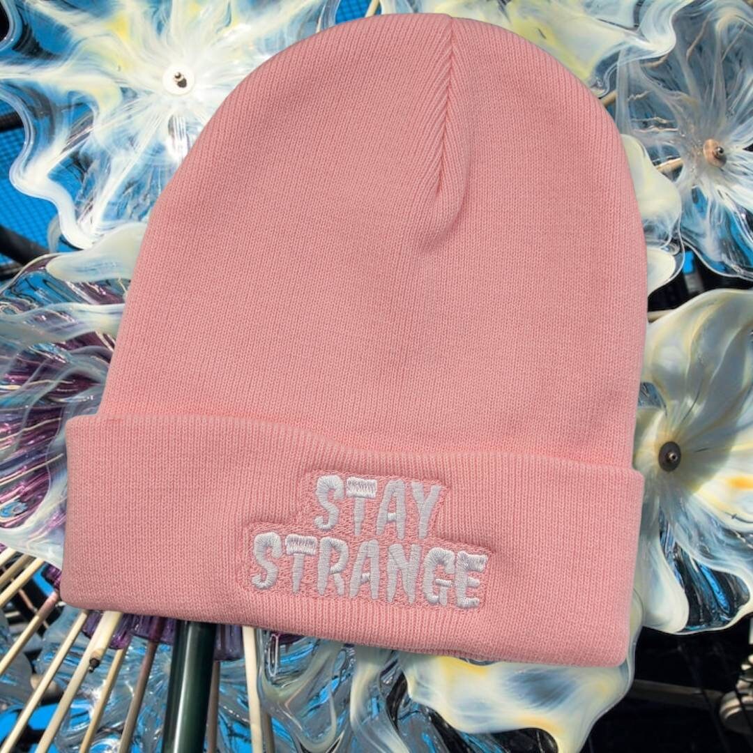 Embroidered Stay Strange beanie bubble gum// spooky season beanie//fall fashion//