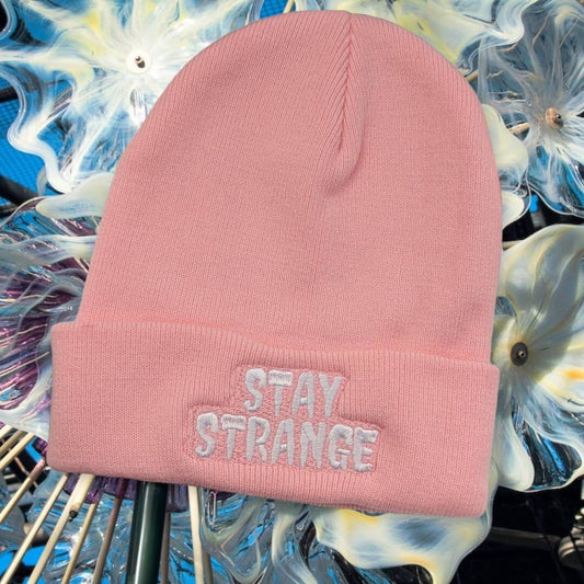 Embroidered Stay Strange beanie bubble gum// spooky season beanie//fall fashion//