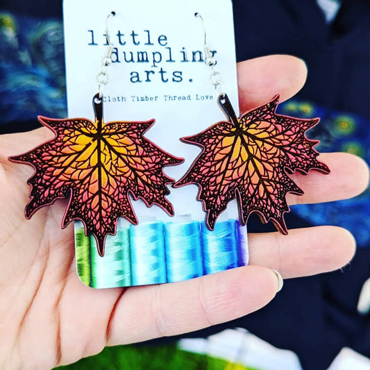 Hand painted fall leaf earrings laser engraved, sterling silver french hooks
