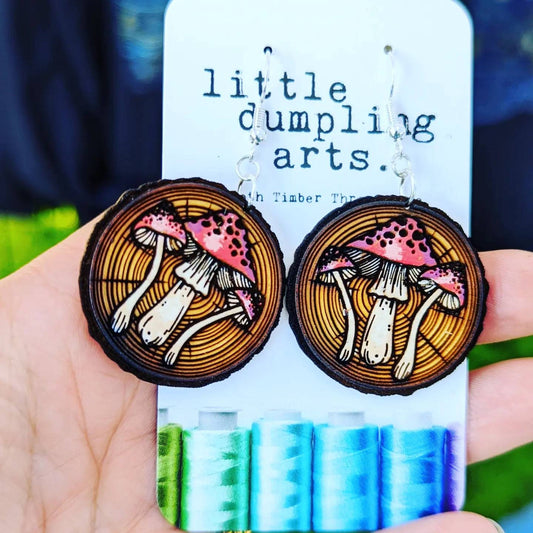 Hand painted fall mushrooms earrings laser engraved, sterling silver french hooks