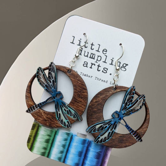 Hand painted dragonfly earrings laser engraved, sterling silver french hooks