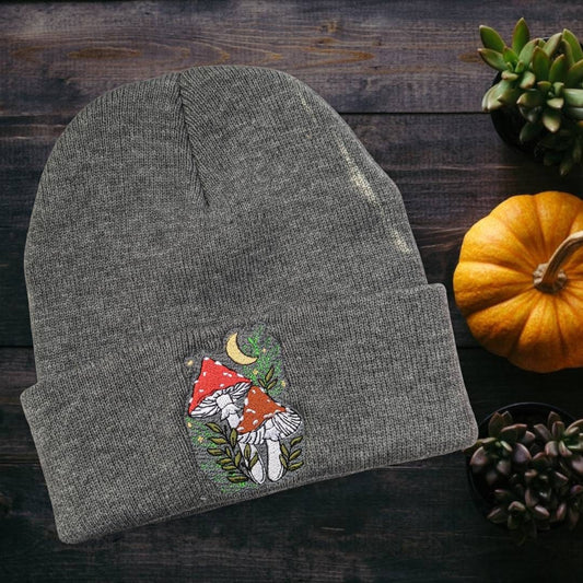 Embroidered mushroom beanie// spooky season beanie//fall fashion//