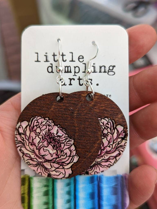 Hand painted peony wooden droplet earrings. Mother's day gift spring flowers