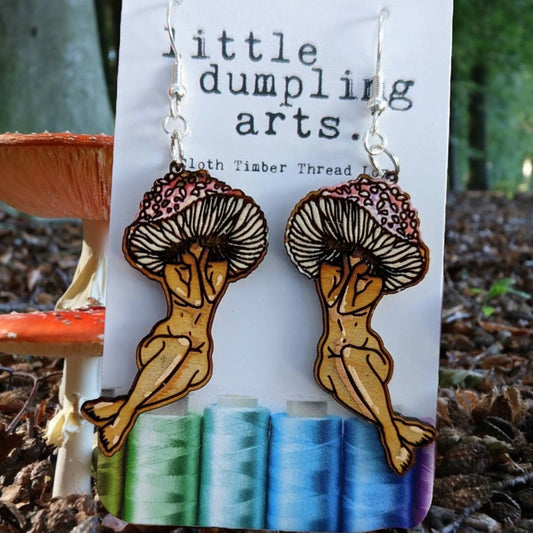 Hand painted mushroom fae. earrings laser engraved, sterling silver french hooks