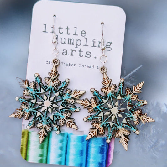 Hand painted snowflake earrings laser engraved, sterling silver french hooks