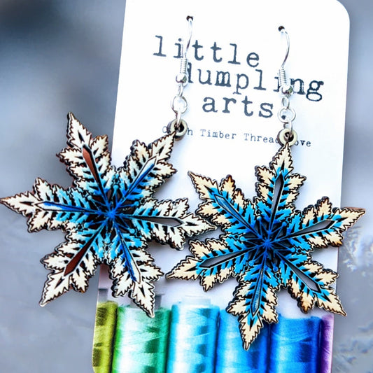 Hand painted snowflake earrings laser engraved, sterling silver french hooks