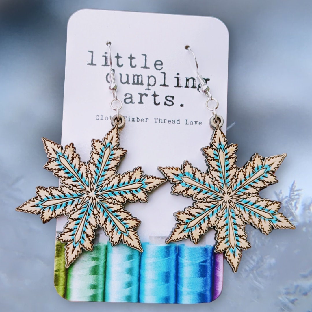 Hand painted snowflake earrings laser engraved, sterling silver french hooks