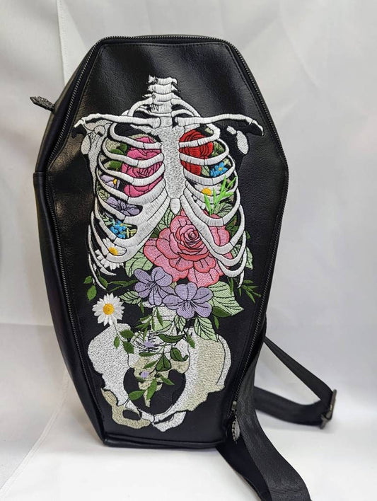 Floral rib coffin backpack with zipper front slip pocket. Ready to ship! Vegan leather. Full embroidery. convertible to crossbody
