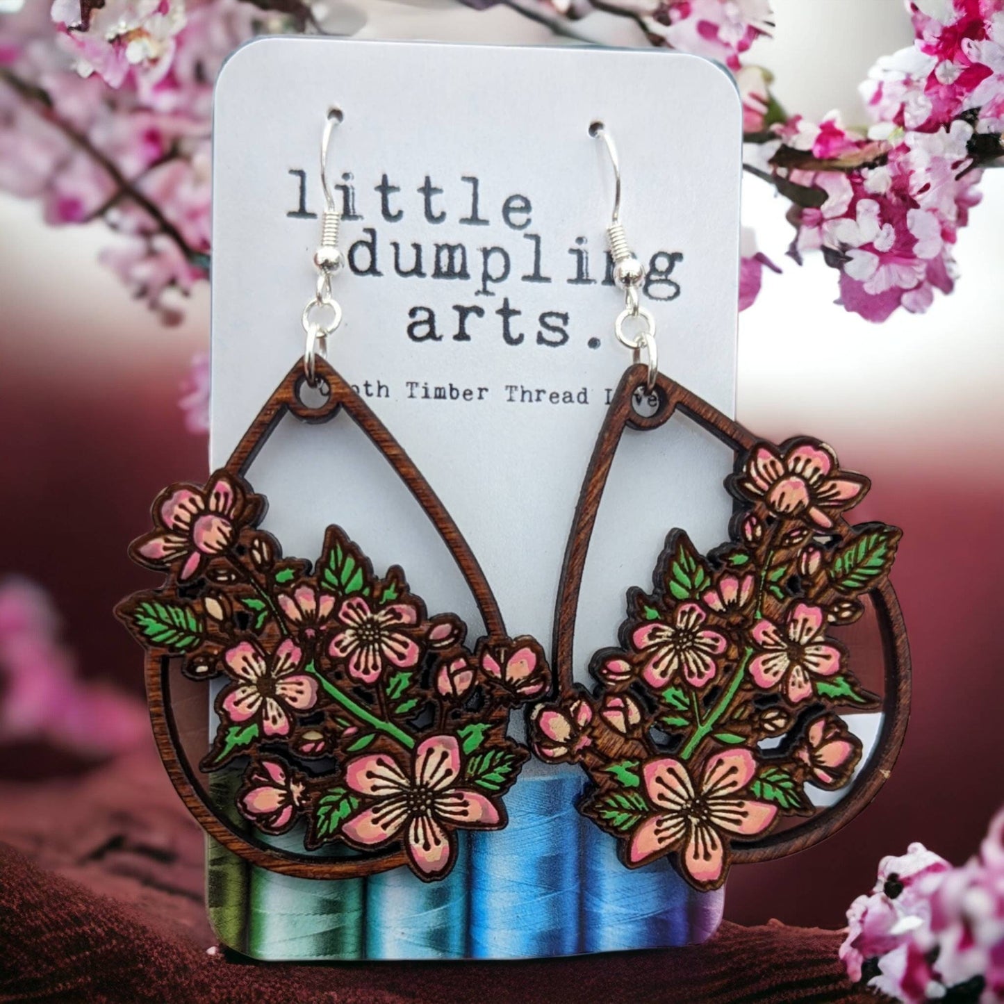 Hand painted cherry blossom droplet earrings. Mother's day gift spring flowers