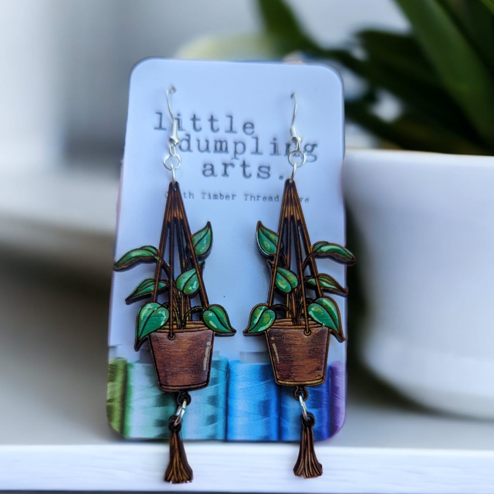 hanging succulent earrings Hand painted hanging plant jointed earrings. Sterling silver hardware pothos
