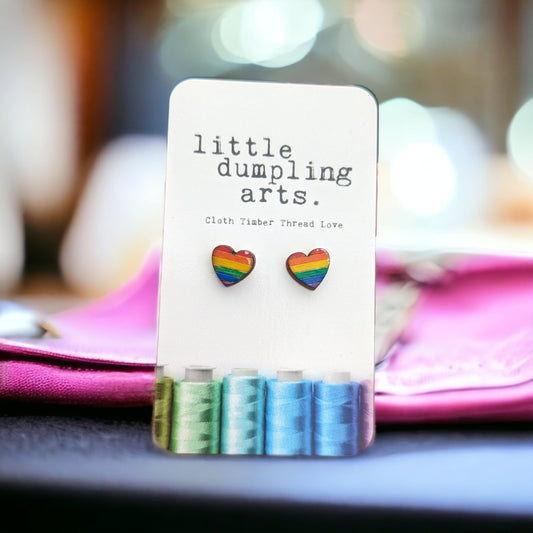 Hand painted teeny pride bubble heart wooden studs