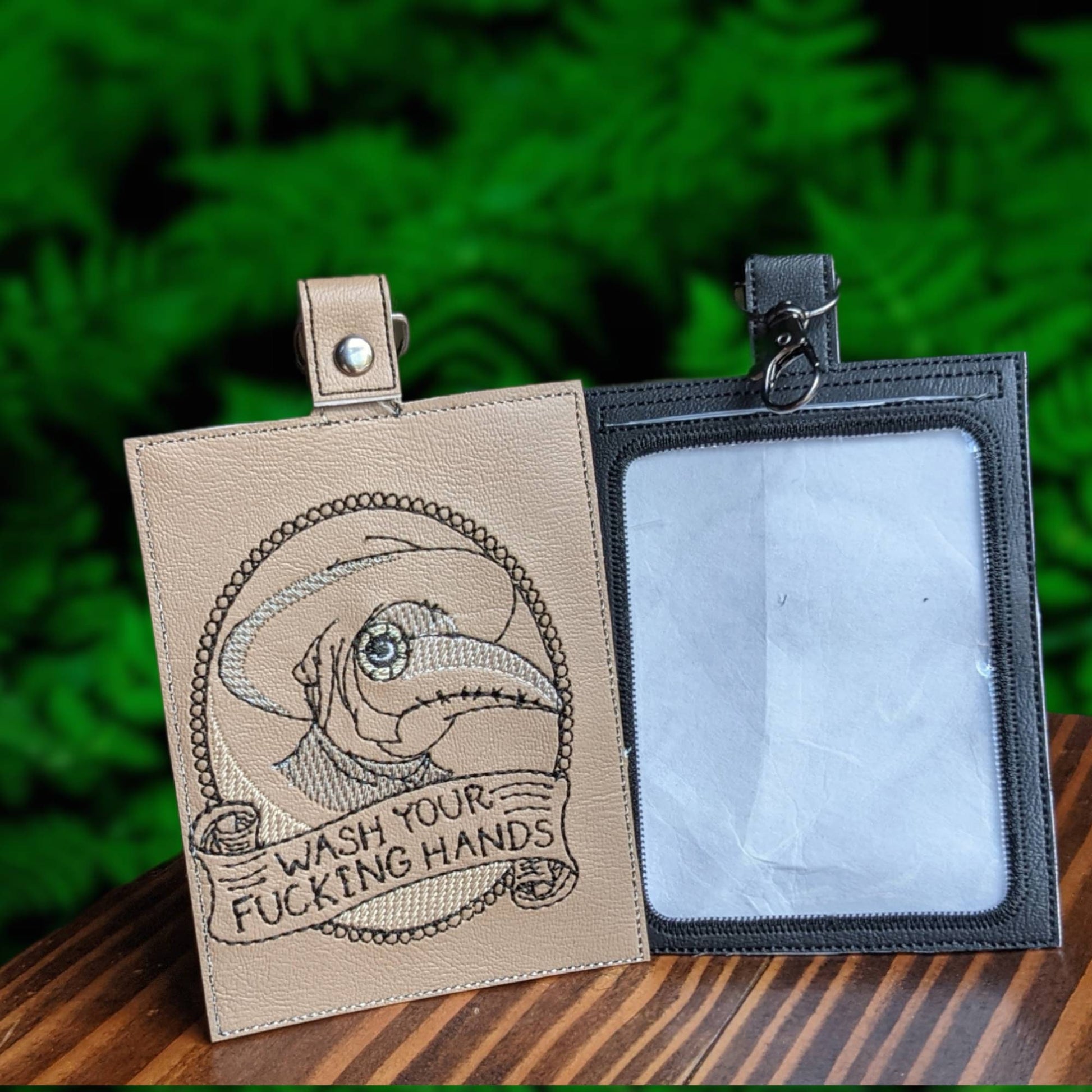 Plague doctor vaccination card protector,space for valuables. Easily Attach to purse, bag, backback or beltloops. Vinyl, cork, leather.