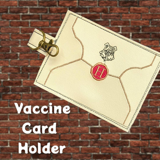 Magic school acceptance letter vaccination card protector. Attach to purse, bag, backback or beltloops Vinyl, cork, leather.