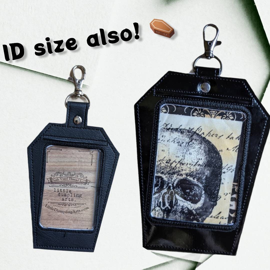 Coffin vaccination card protector. Space for valuables. Attach to purse, bag, backback or beltloops Vinyl, cork, leather.