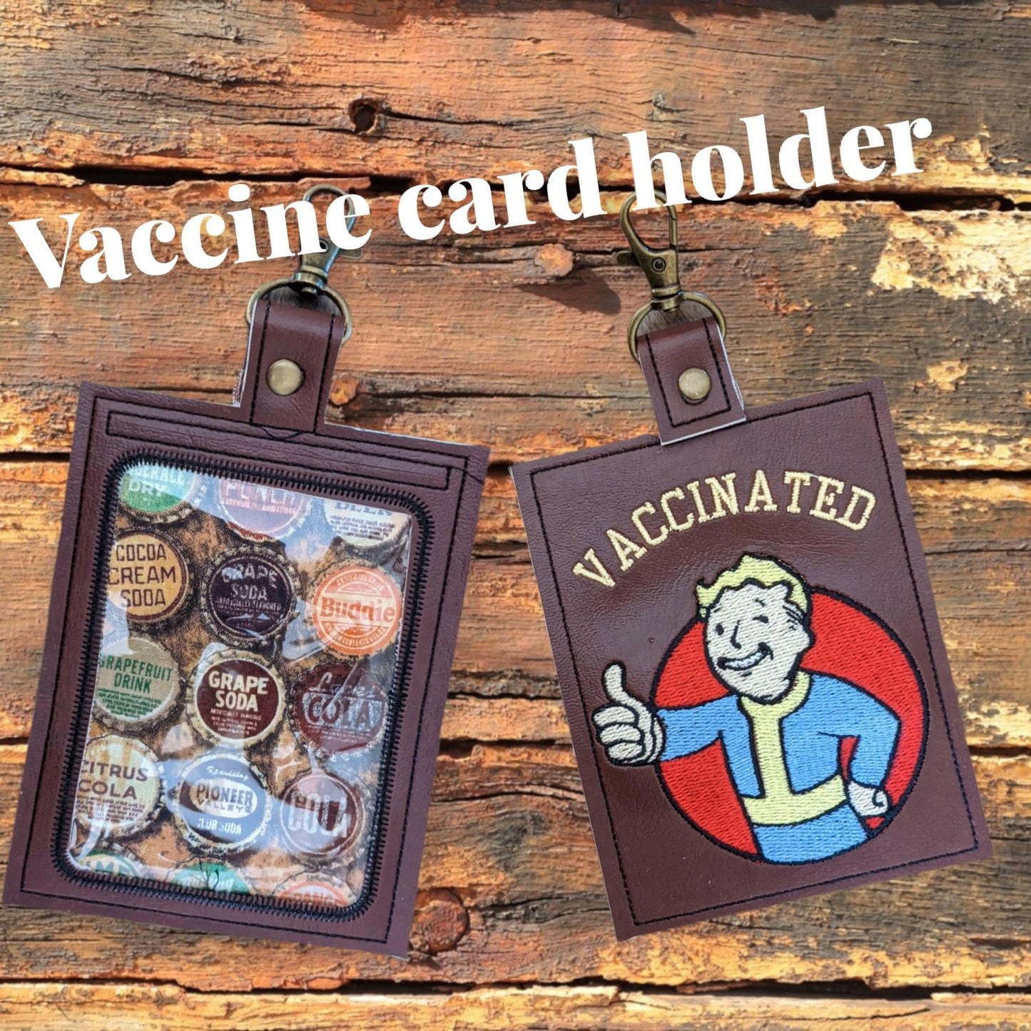 Wasteland kid vaccination card protector. Attach to purse, bag, backback or beltloops Vinyl, cork, leather.