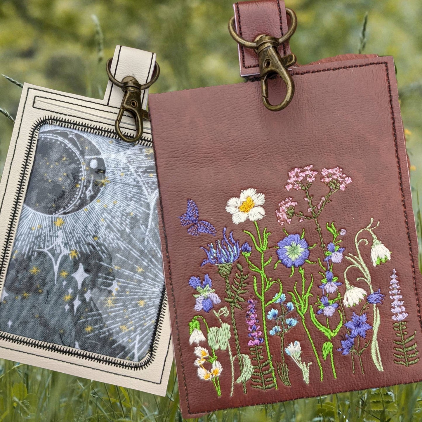 Wildflower vaccination card protector. Attach to purse, bag, backback or beltloops Vinyl, cork, leather.