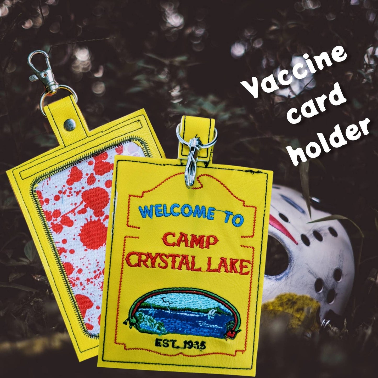 Camp sign vaccine card  protector. Attach to purse, bag, backpack or beltloops Vinyl, vegan leather.