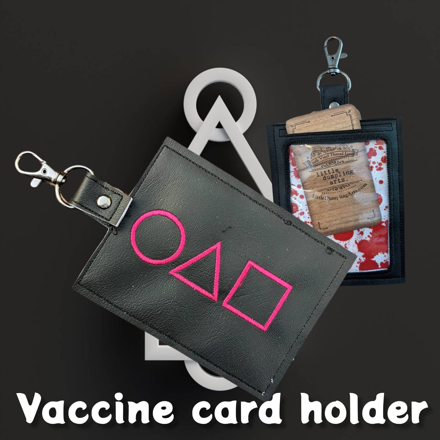 Cephalopod game vaccination card protector. Space for valuables. Attach to purse, bag, backback or beltloops